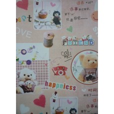 Decoupage papier zandkleur met beren, hartjes, knoopjes en japanse tekens